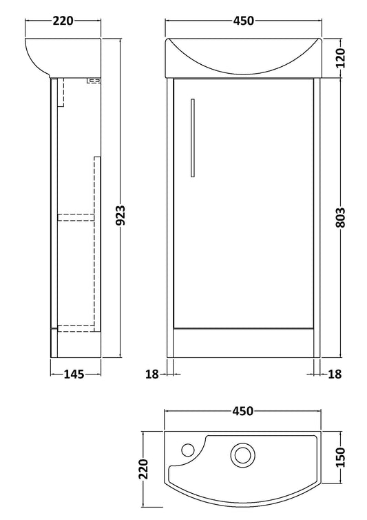 Hudson Reed Juno Compact 450mm Floor Standing Single Door Vanity Unit and Basin with 1 Tap Hole Right Hand