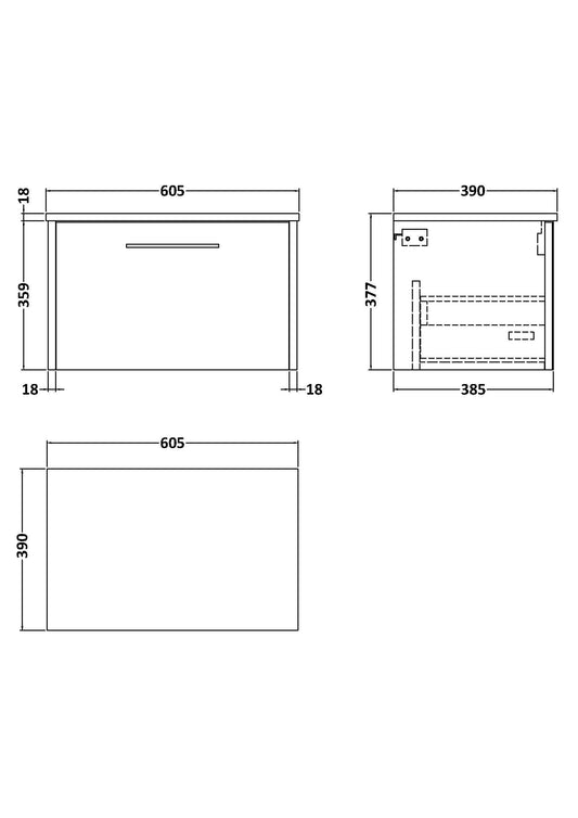 Hudson Reed Juno 600mm Wall Hung Single Drawer Vanity Unit With Worktop & Handle