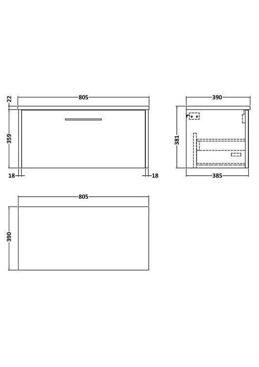 Hudson Reed Juno 800mm Wall Hung Single Drawer Vanity Unit With Laminate Top