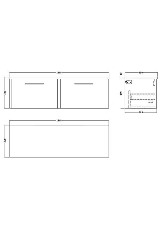 Hudson Reed Juno 1200mm Graphite Grey Woodgrain Wall Hung 2-Drawer Vanity Unit With Laminate Worktop