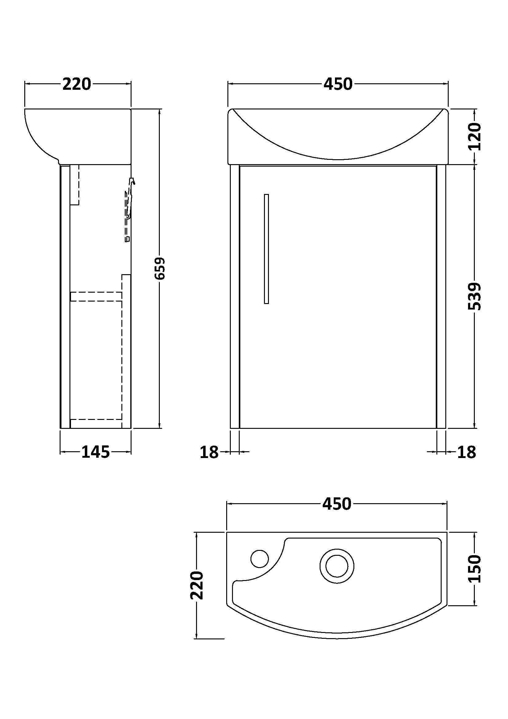 Hudson Reed Juno Compact 440mm Wall Hung Single Door Unit With 1 Tap Hole Basin Right Hand