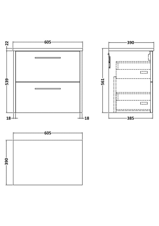 Hudson Reed Juno 600mm Wall Hung 2 Drawer Vanity Unit With Laminate Worktop