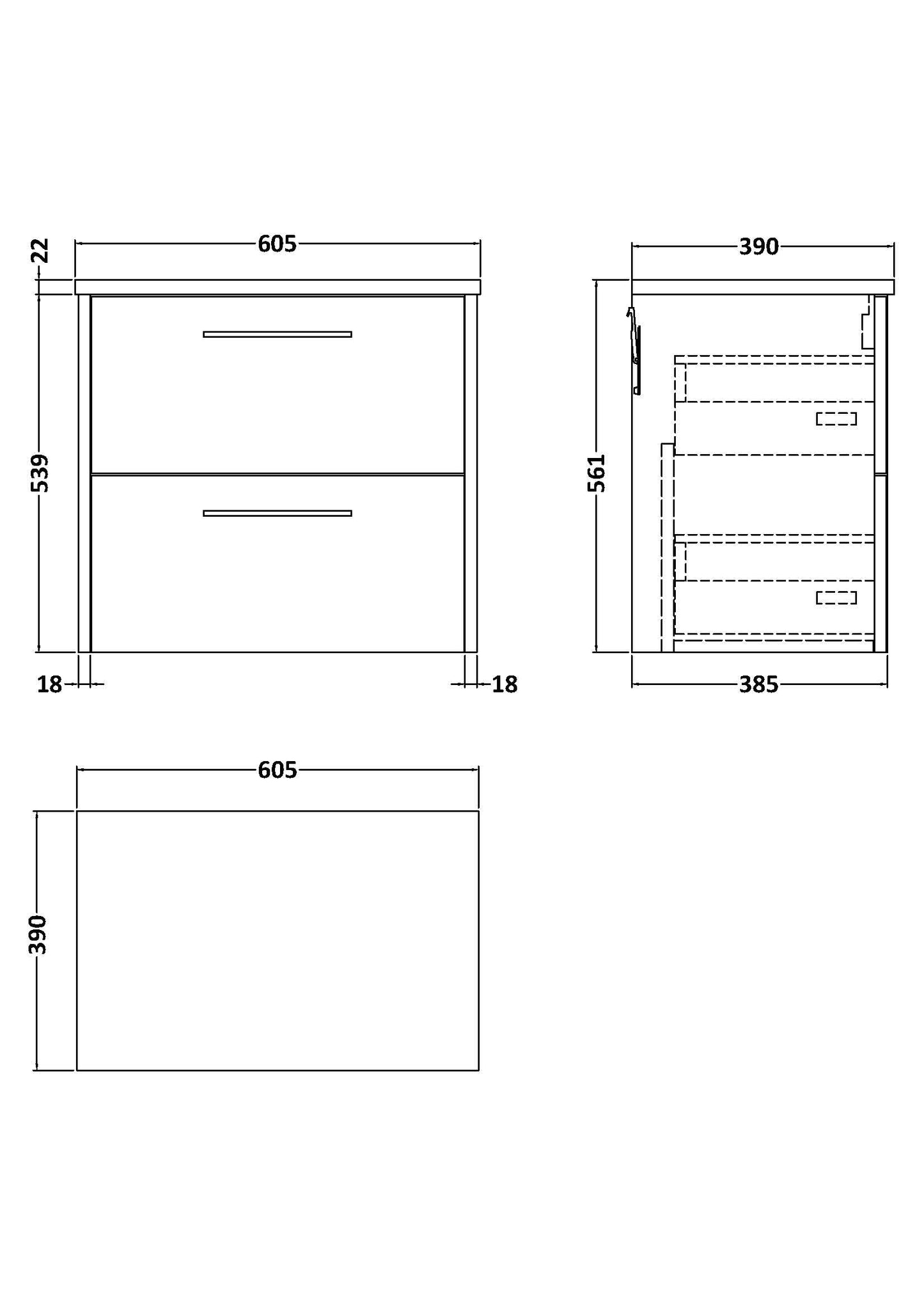 Hudson Reed Juno 600mm Wall Hung 2 Drawer Vanity Unit With Laminate Worktop & Handle