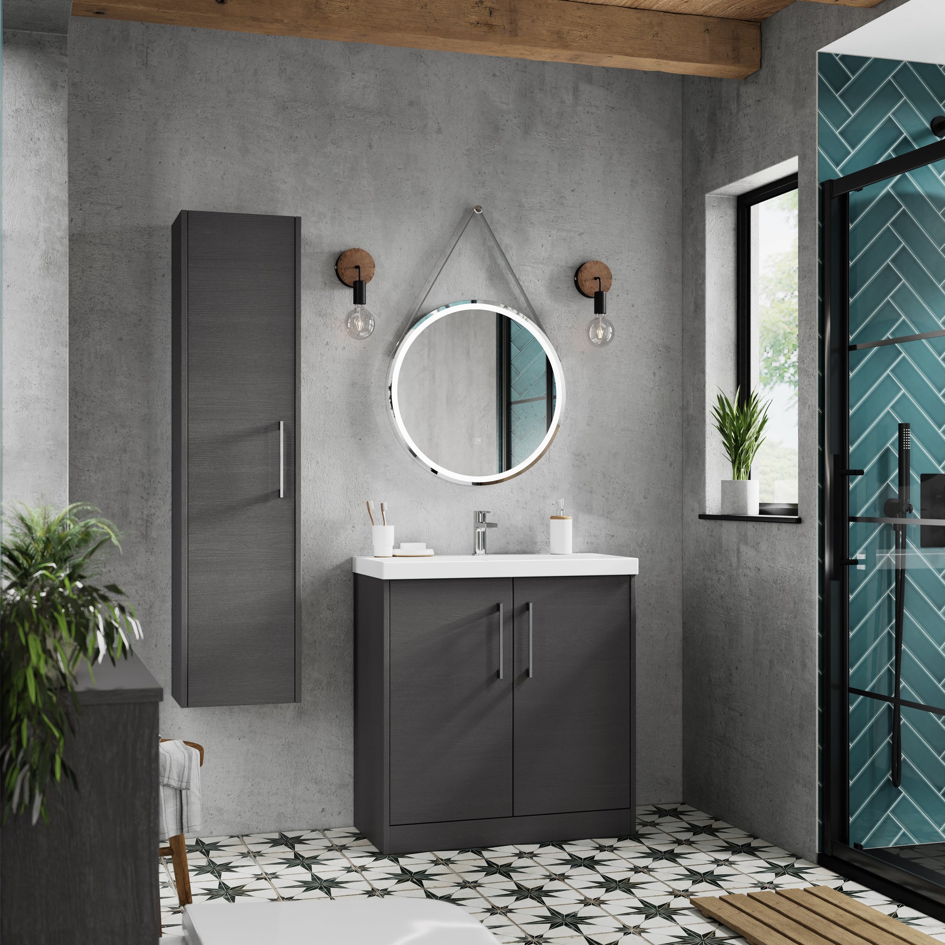 Hudson Reed Juno 800mm Graphite Grey Woodgrain Floor Standing 2-Door Vanity Unit & 1 Tap Hole Basin