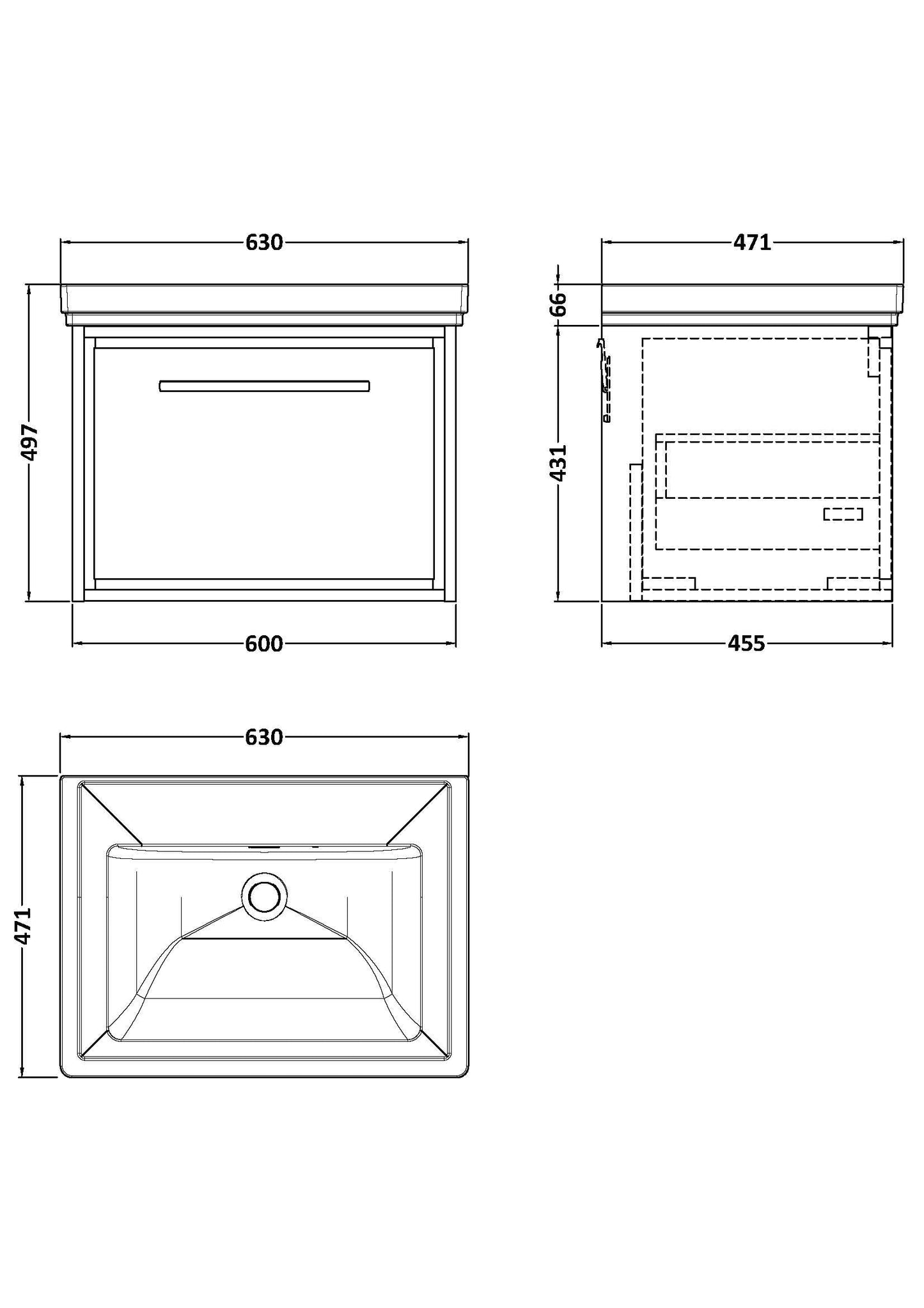 Hudson Reed Lille 600mm Wall Hung Single Drawer Vanity Unit With Basin, 0 Tap Hole, Soft Close Drawer