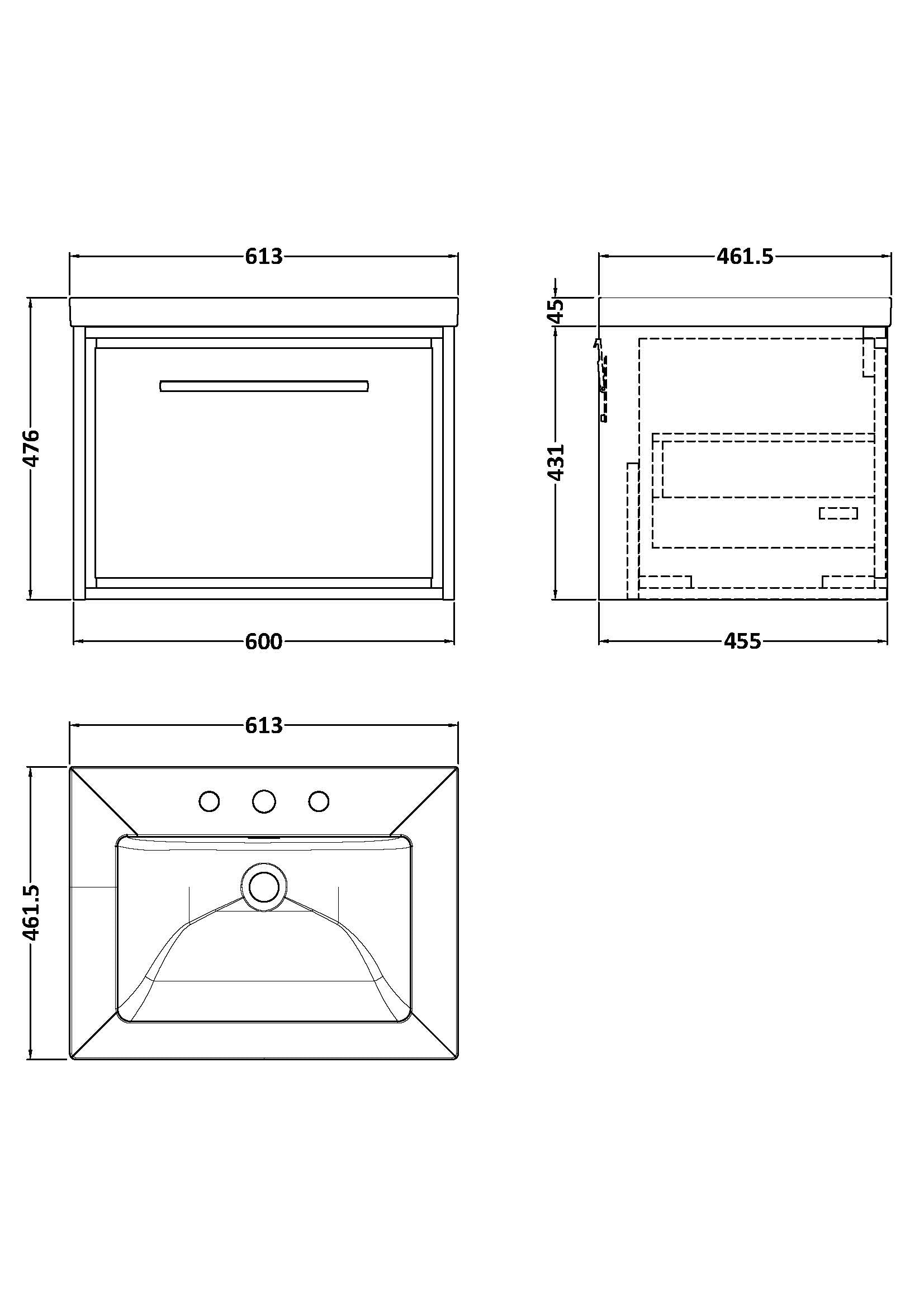 Hudson Reed Lille 600mm Wall Hung Single Drawer Vanity Unit with Basin, 3 Tap Hole, Soft Close Drawers