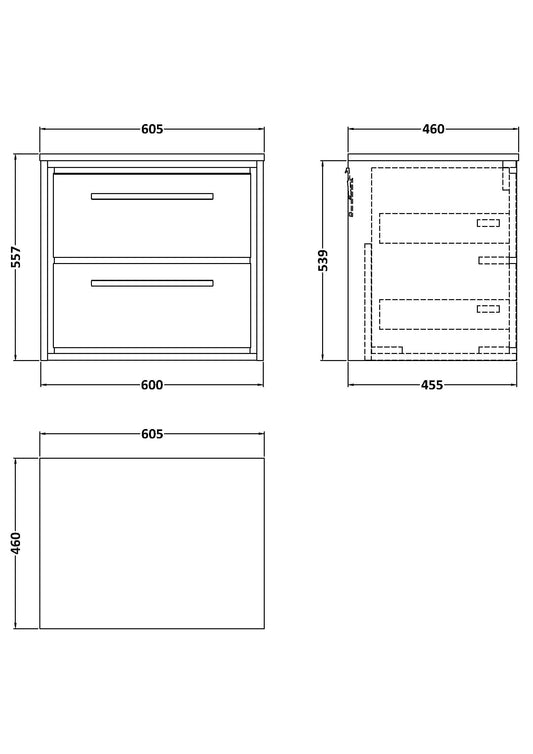 Hudson Reed Lille 600mm Graphite Grey Woodgrain Wall Hung 2-Drawer Vanity Unit With Worktop and Handles