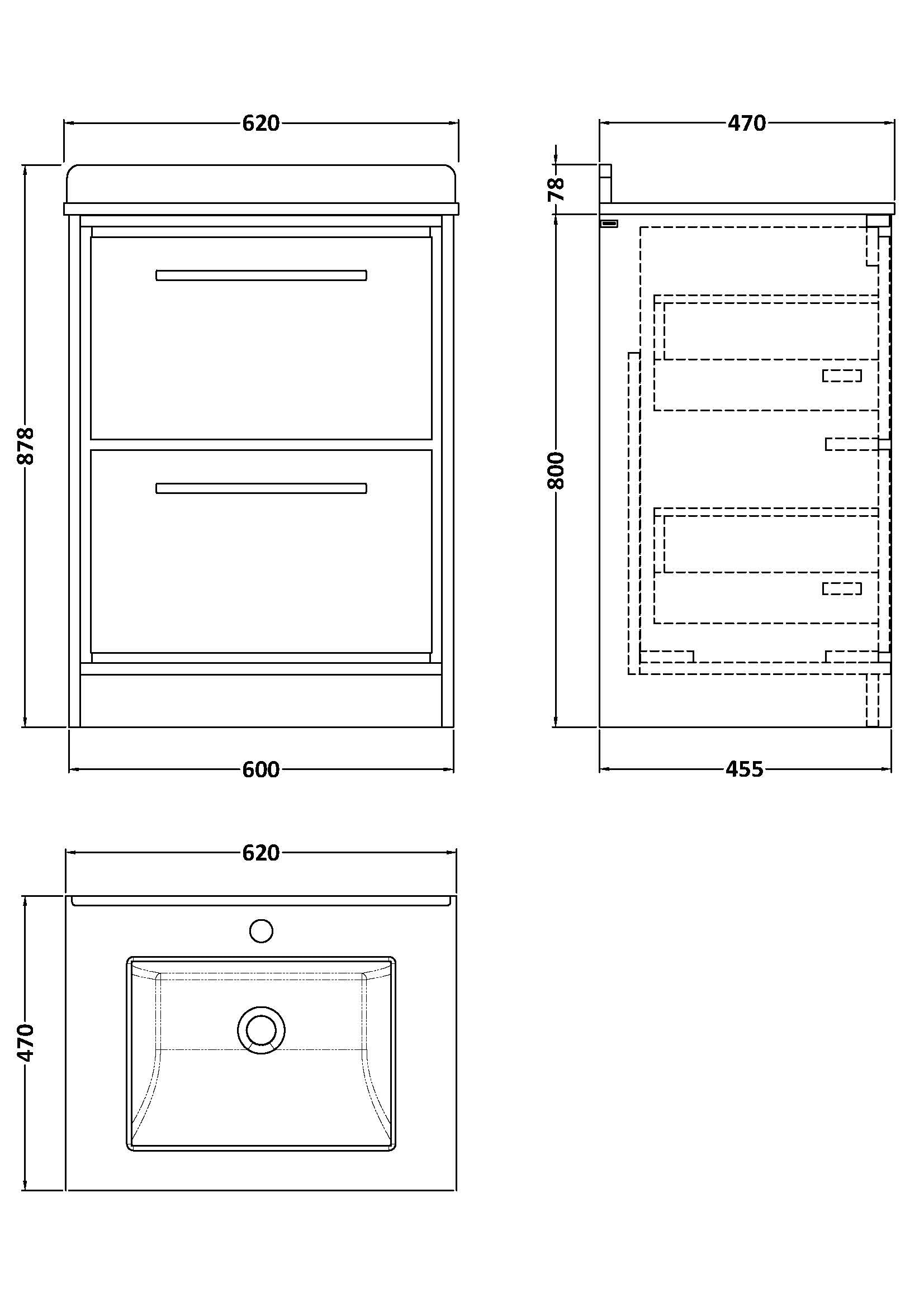 Hudson Reed Lille 600mm Floor Standing 2-Drawer Vanity with Marble Worktop Basin, Soft-Close