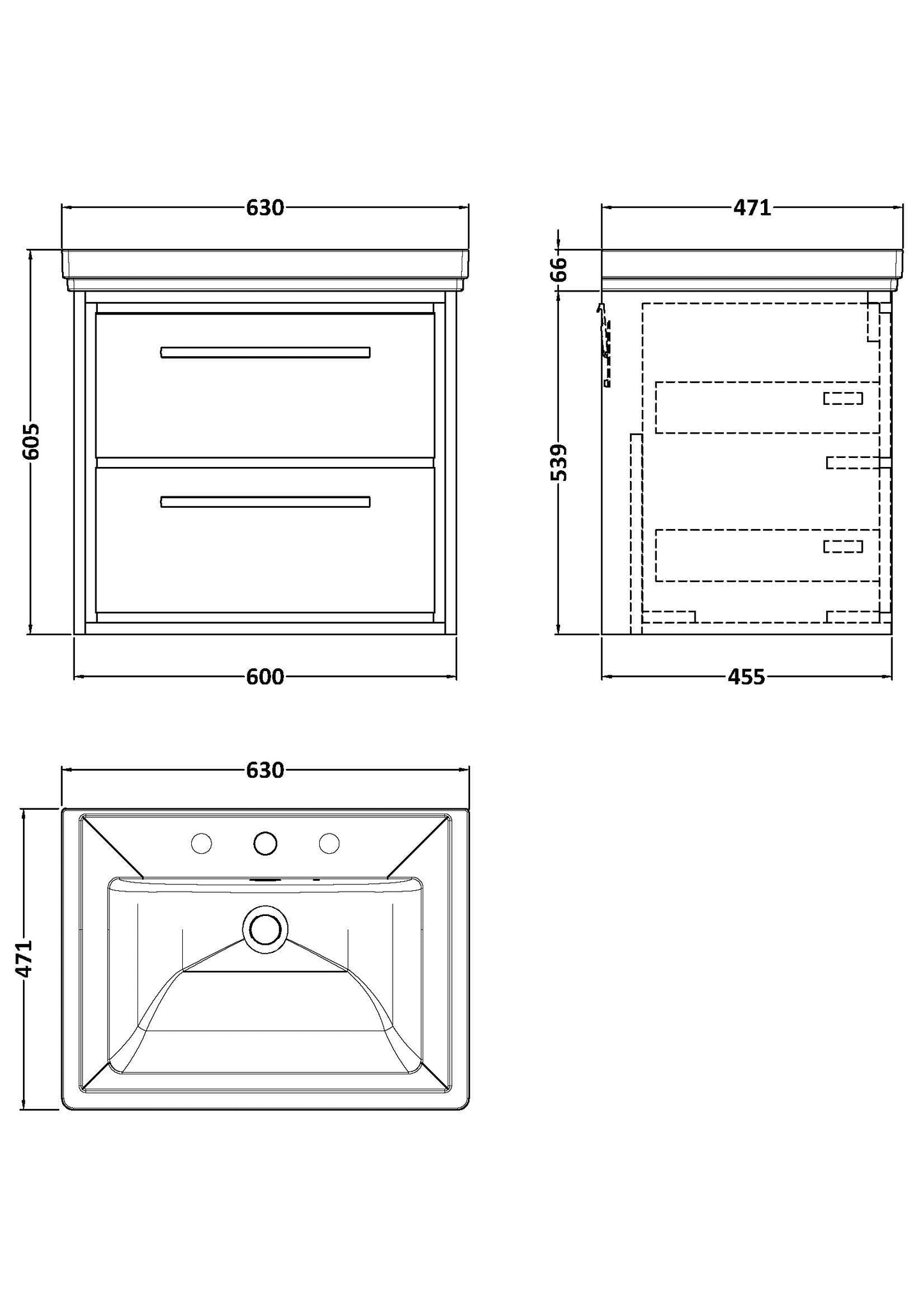 Hudson Reed Lille 600mm Wall Hung 2-Drawer Vanity Unit With 3 Tap Hole Basin