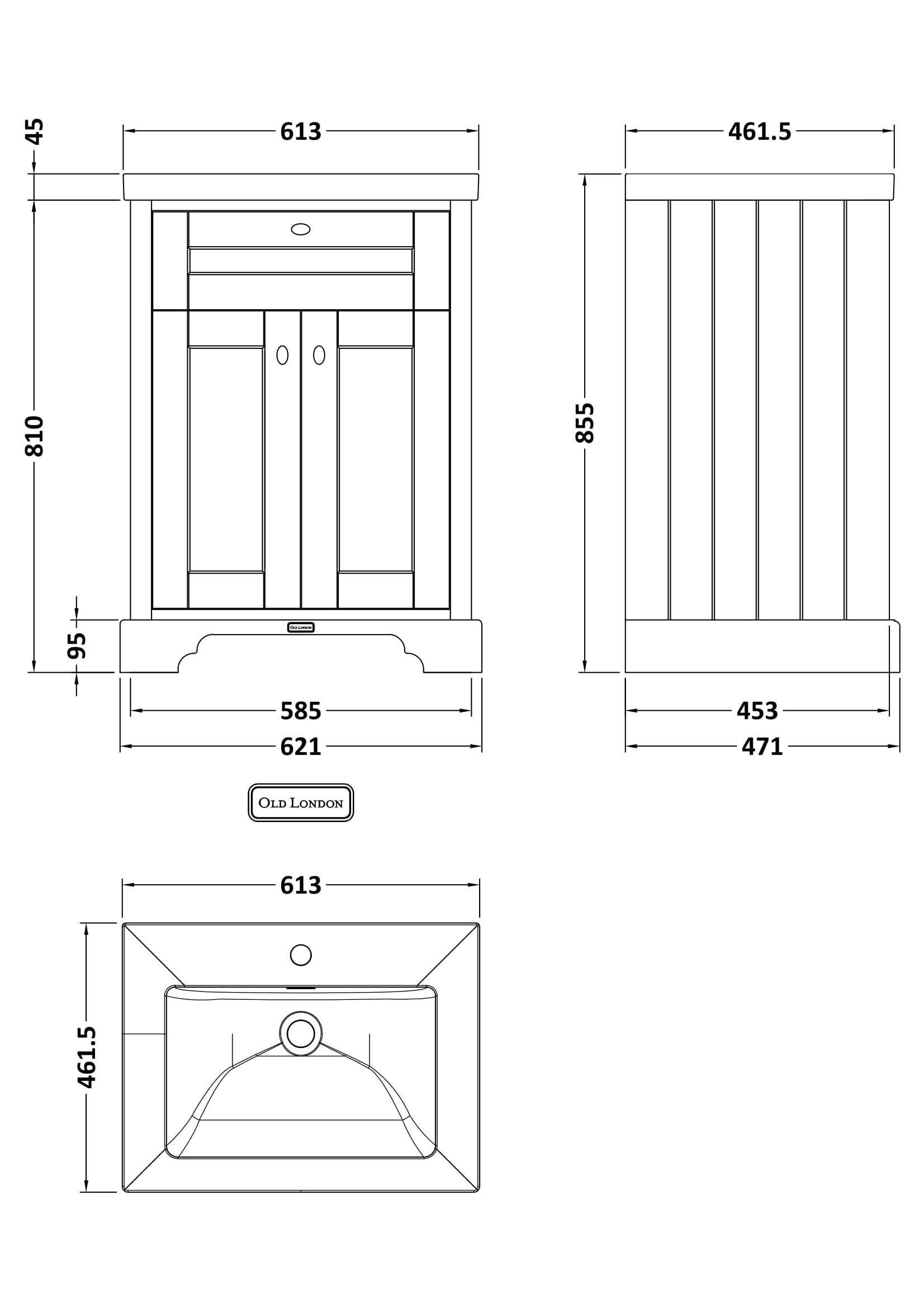 Hudson Reed Old London Traditional 600mm Storm Grey 2-Door Floor Standing Vanity Unit With Fireclay Basin
