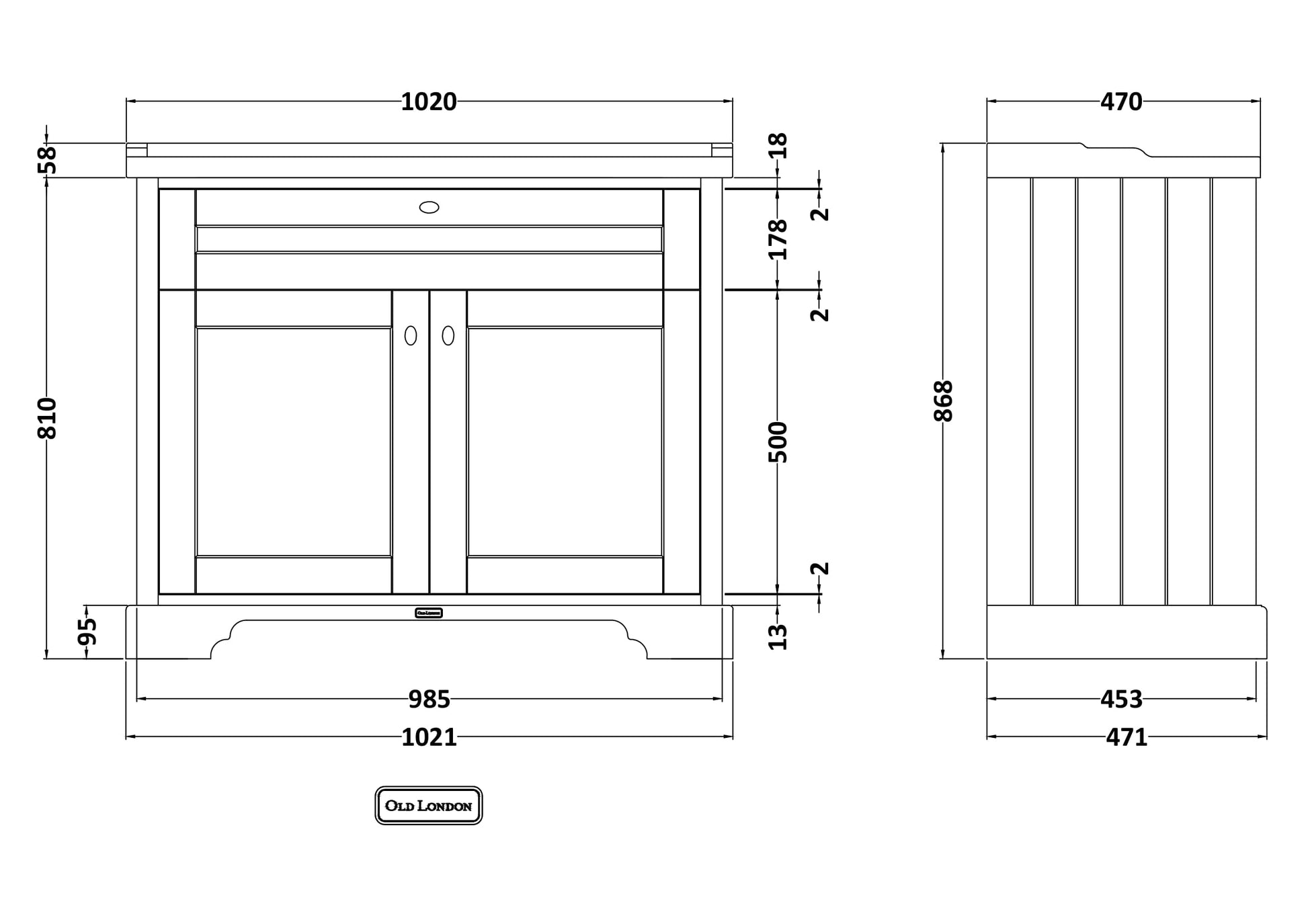 Hudson Reed Old London Storm Grey 1020mm Floor Standing 2 Door Vanity Unit with 3 Tap Hole Ceramic Basin