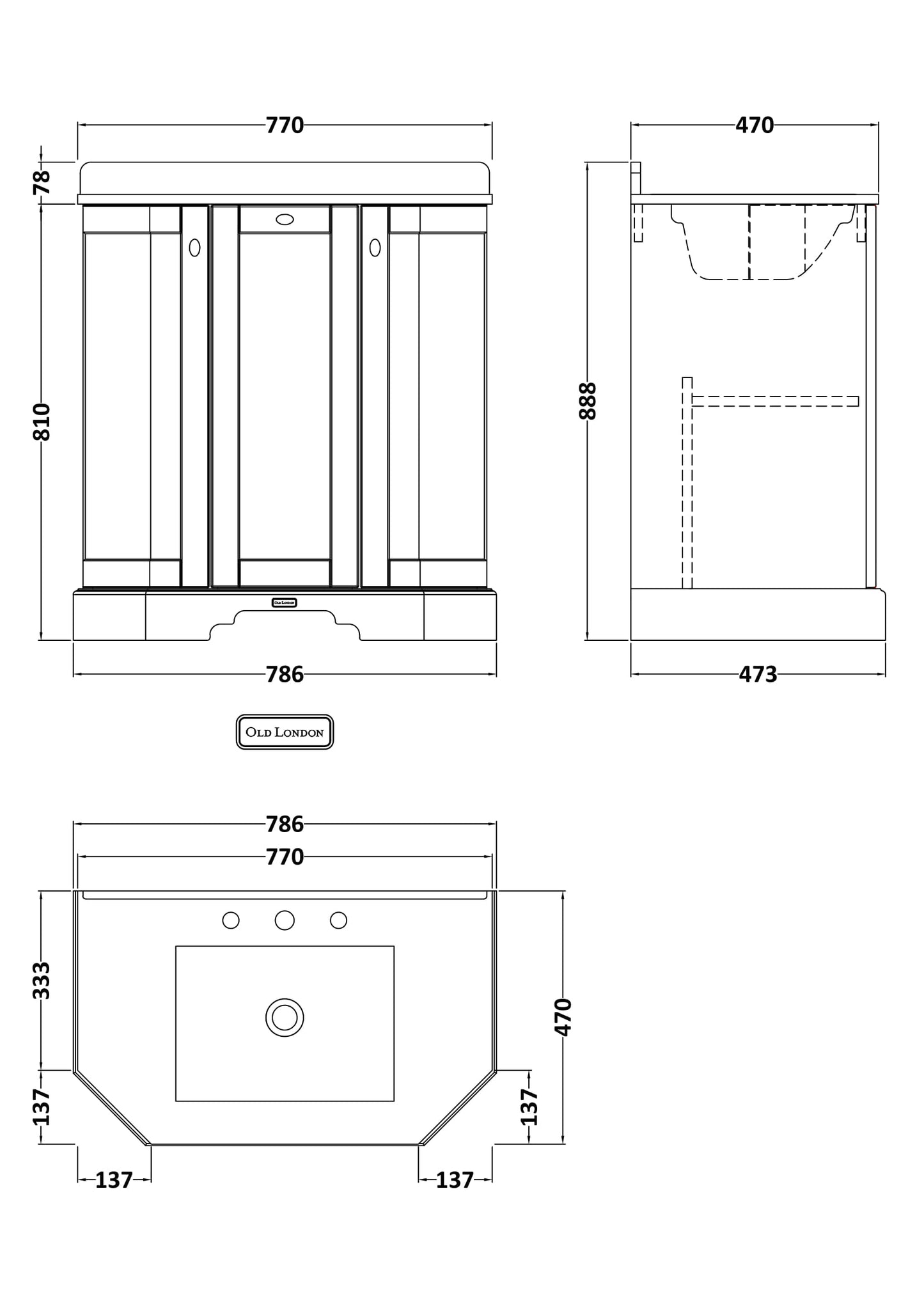 Hudson Reed Old London 750mm Floor Standing 3 Door Vanity Unit with 3 Tap Hole Black Marble Top Basin