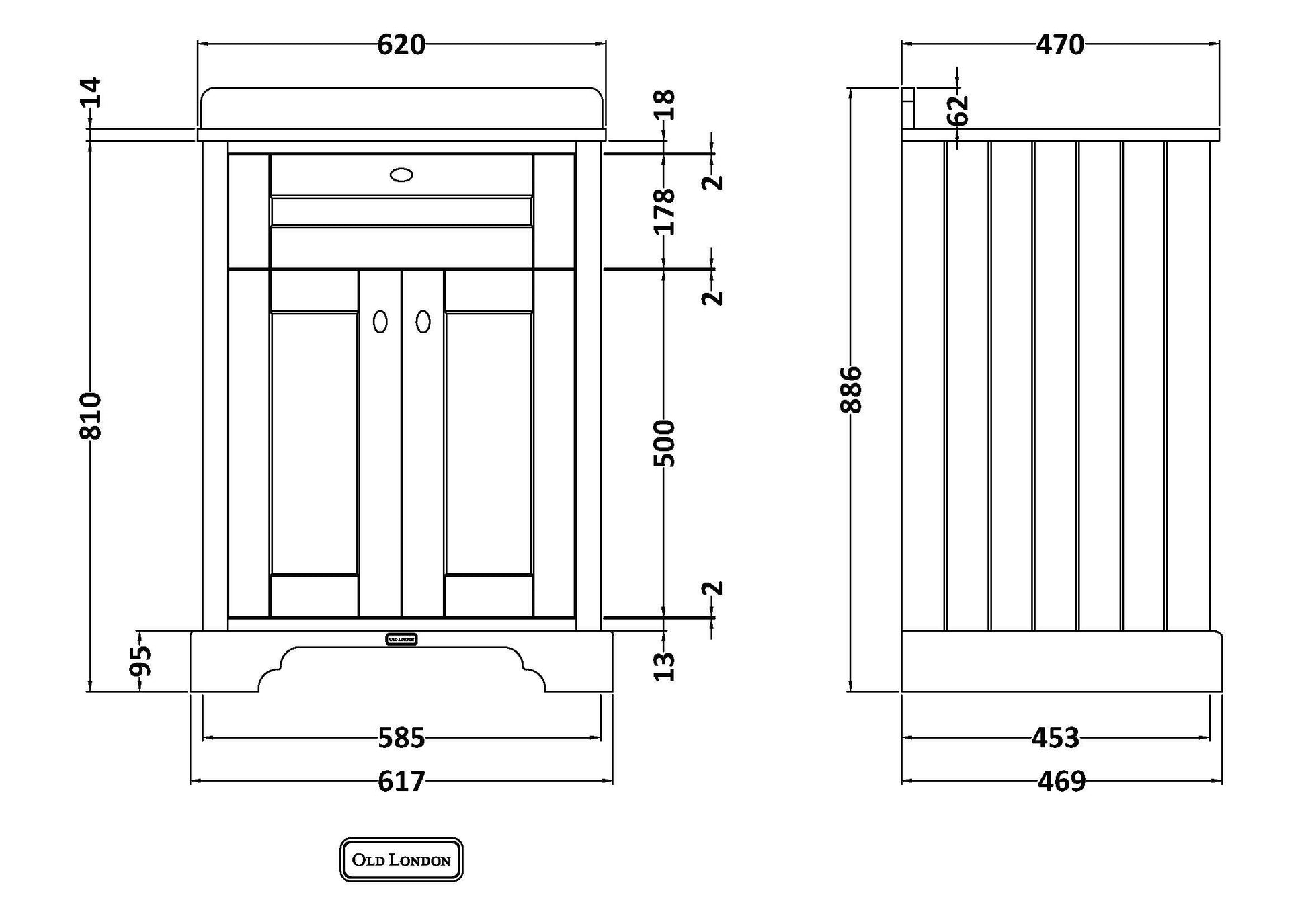 Hudson Reed Old London 600mm Floor Standing 2 Door Vanity Unit With Black Marble Top Basin
