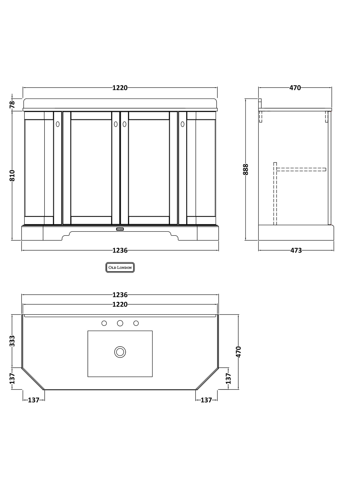 Hudson Reed Old London 1200mm Floor Standing 4 Door Vanity Unit with 3 Tap Hole Grey Marble Top Basin