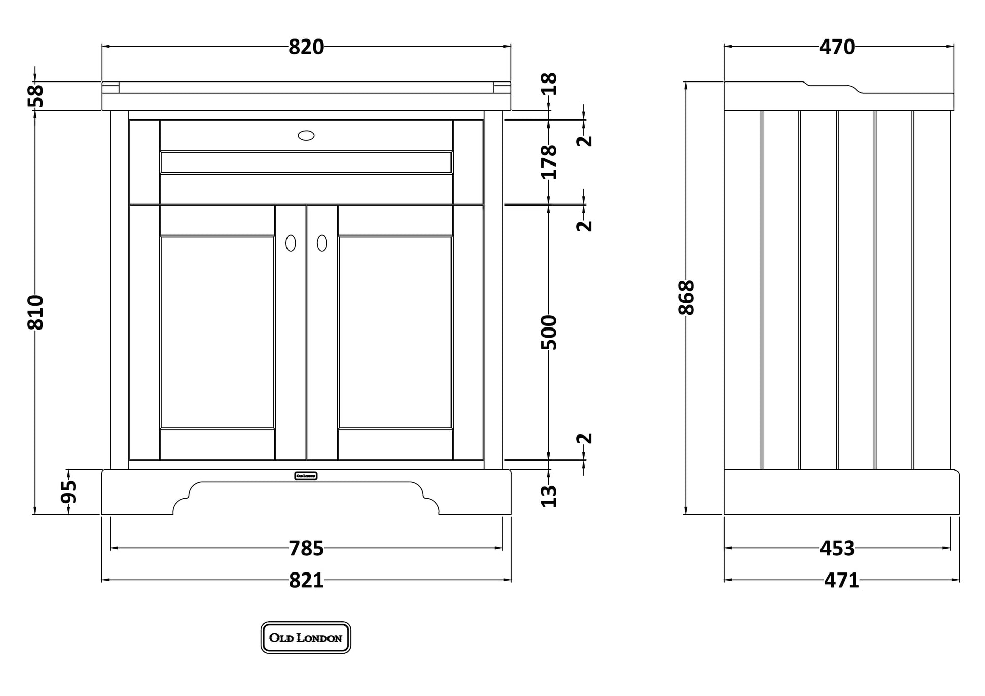 Hudson Reed Old London 800mm Floor Standing 2 Door Vanity Unit with 1 Tap Hole Ceramic Basin