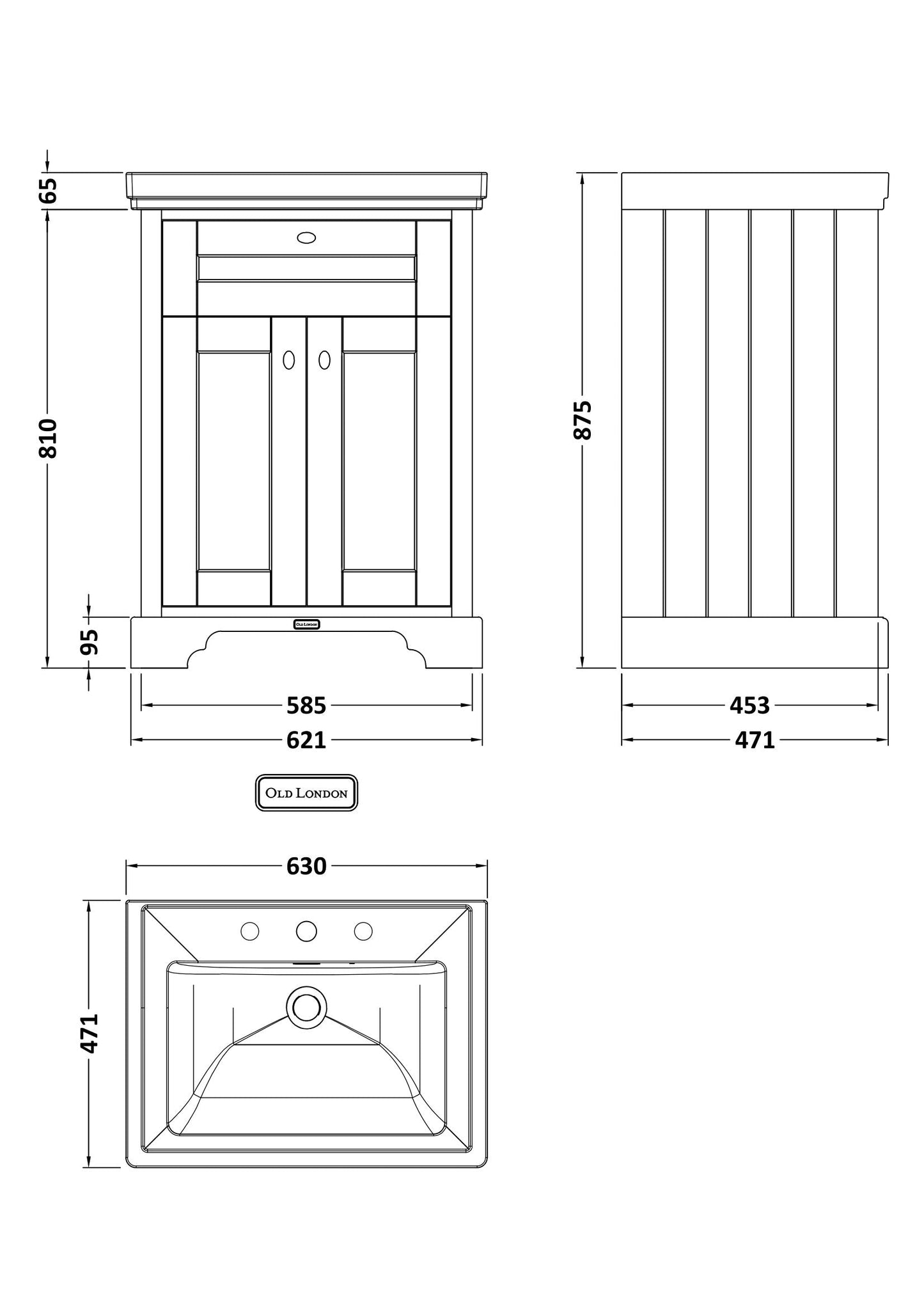 Hudson Reed Old London 600mm Timeless Sand Floor Standing 2 Door Vanity Unit with 3 Tap Hole Fireclay Basin