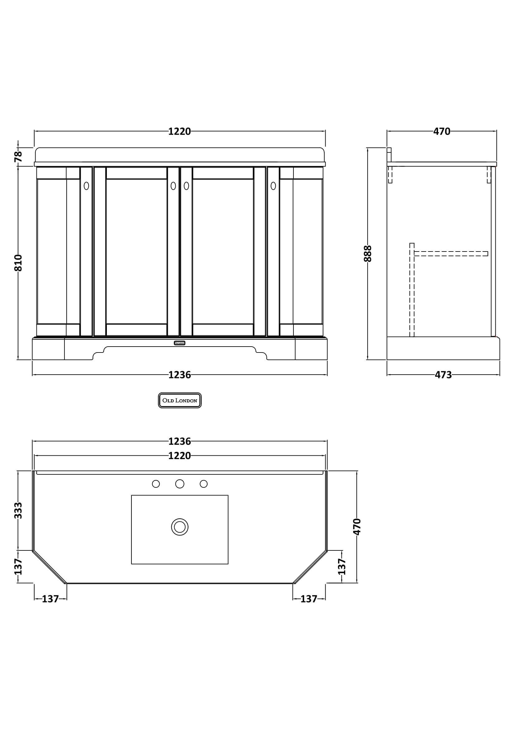 Hudson Reed Old London 1200mm Floor Standing 4 Door Vanity Unit With 3 Tap Hole White Marble Top Basin