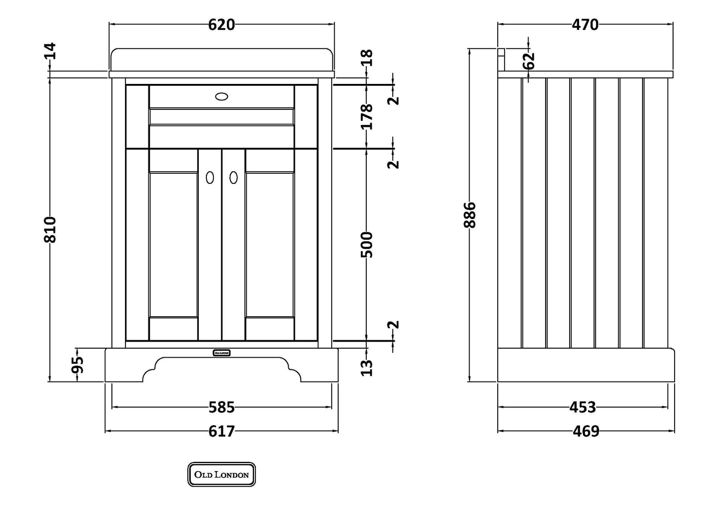Floor Standing 2 Door Vanity Basin Unit with Square Basin & 1 Tap Hole Marble Top, 600mm