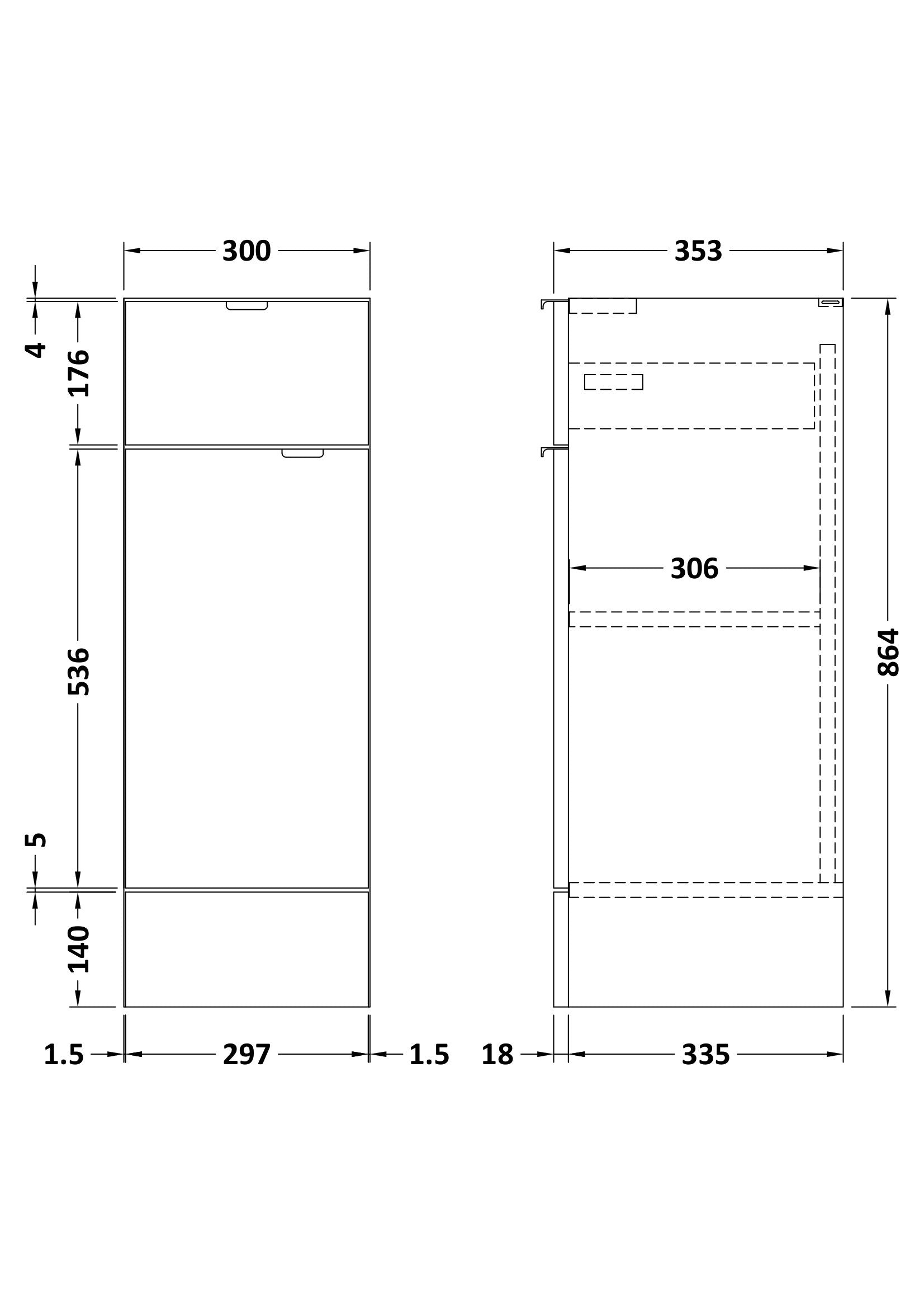 Hudson Reed Fusion 300mm 1 Door Drawer Gloss White Floor Standing Cabinet With Handles