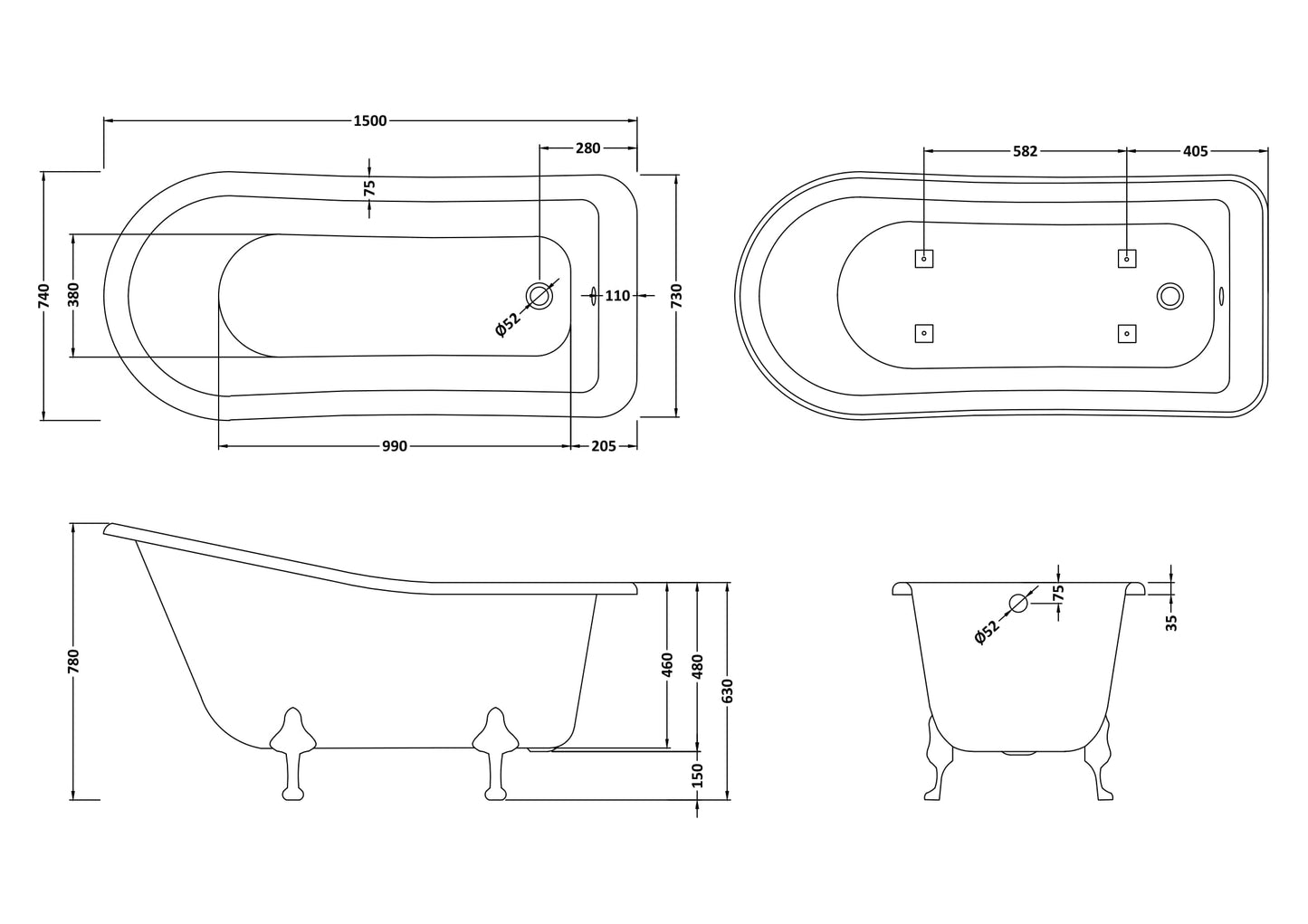 Hudson Reed 1500mm Freestanding Bath With Deacon Legs