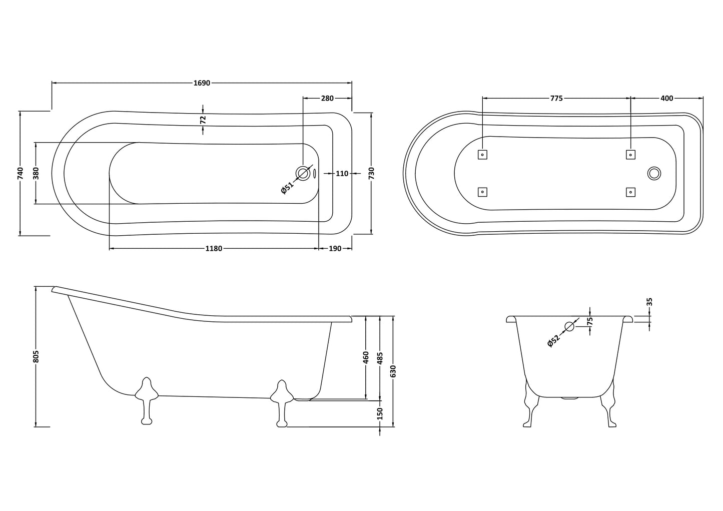 Hudson Reed 1690mm Freestanding Bath With Deacon Legs