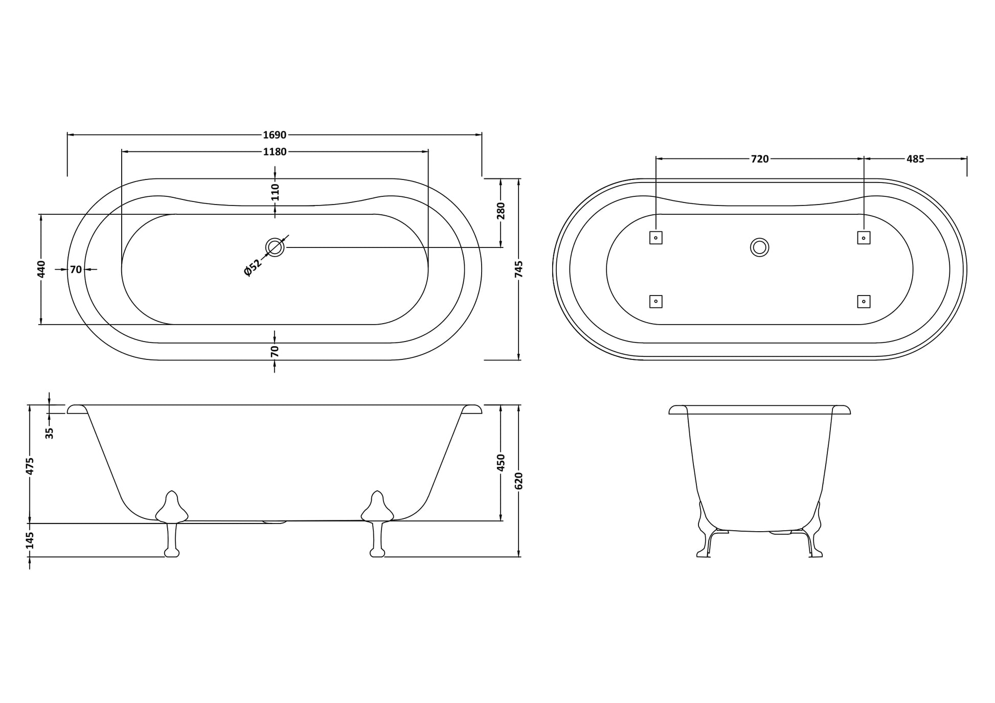 Hudson Reed 1690mm Freestanding Bath With Corbel Legs