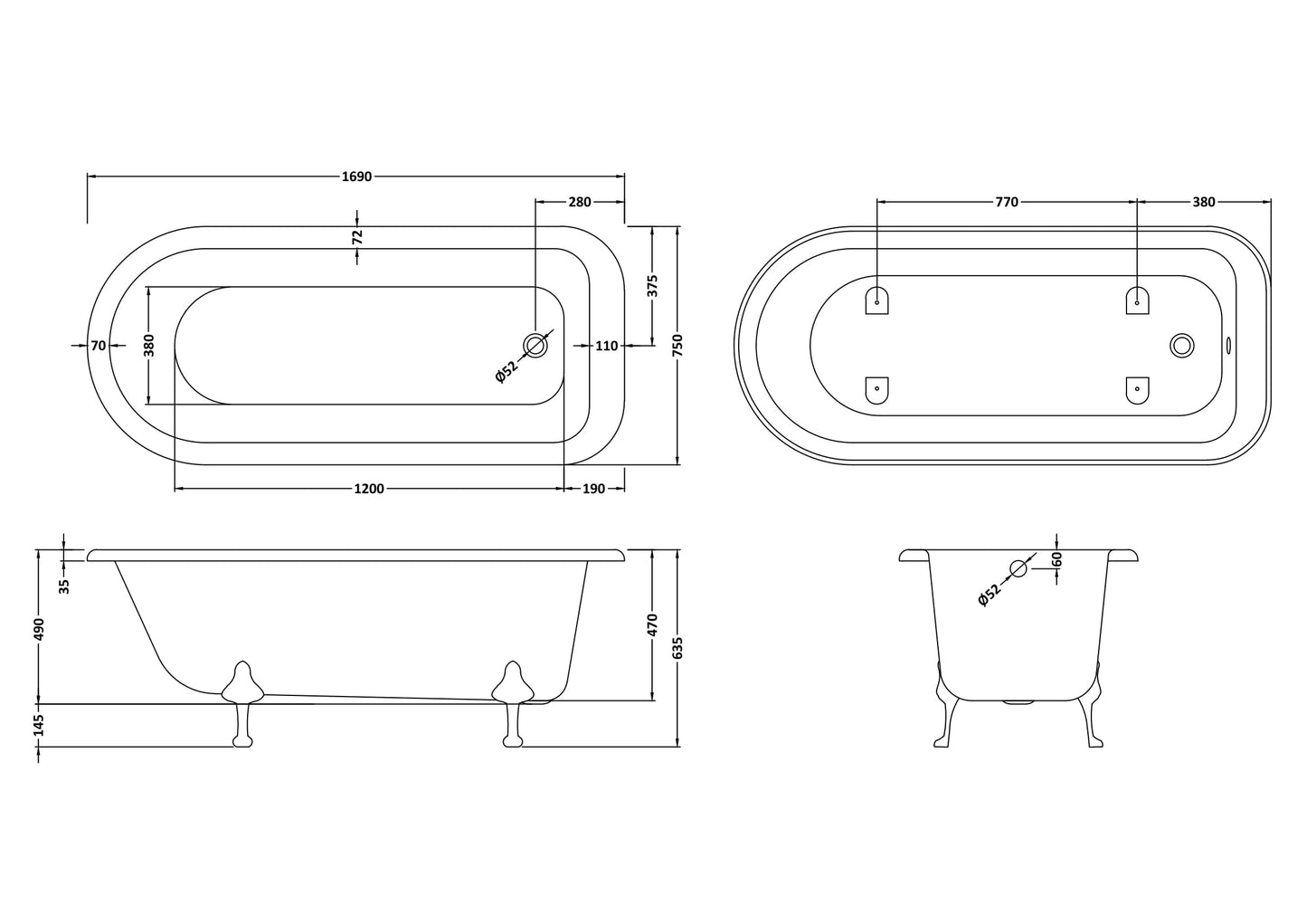 Hudson Reed 1690mm Freestanding Bath With Pride Legs