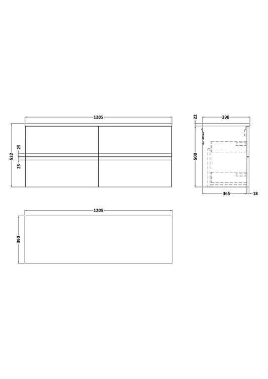 Hudson Reed Urban 1200mm Satin White Wall Hung 4-Drawer Unit With Laminate Worktop