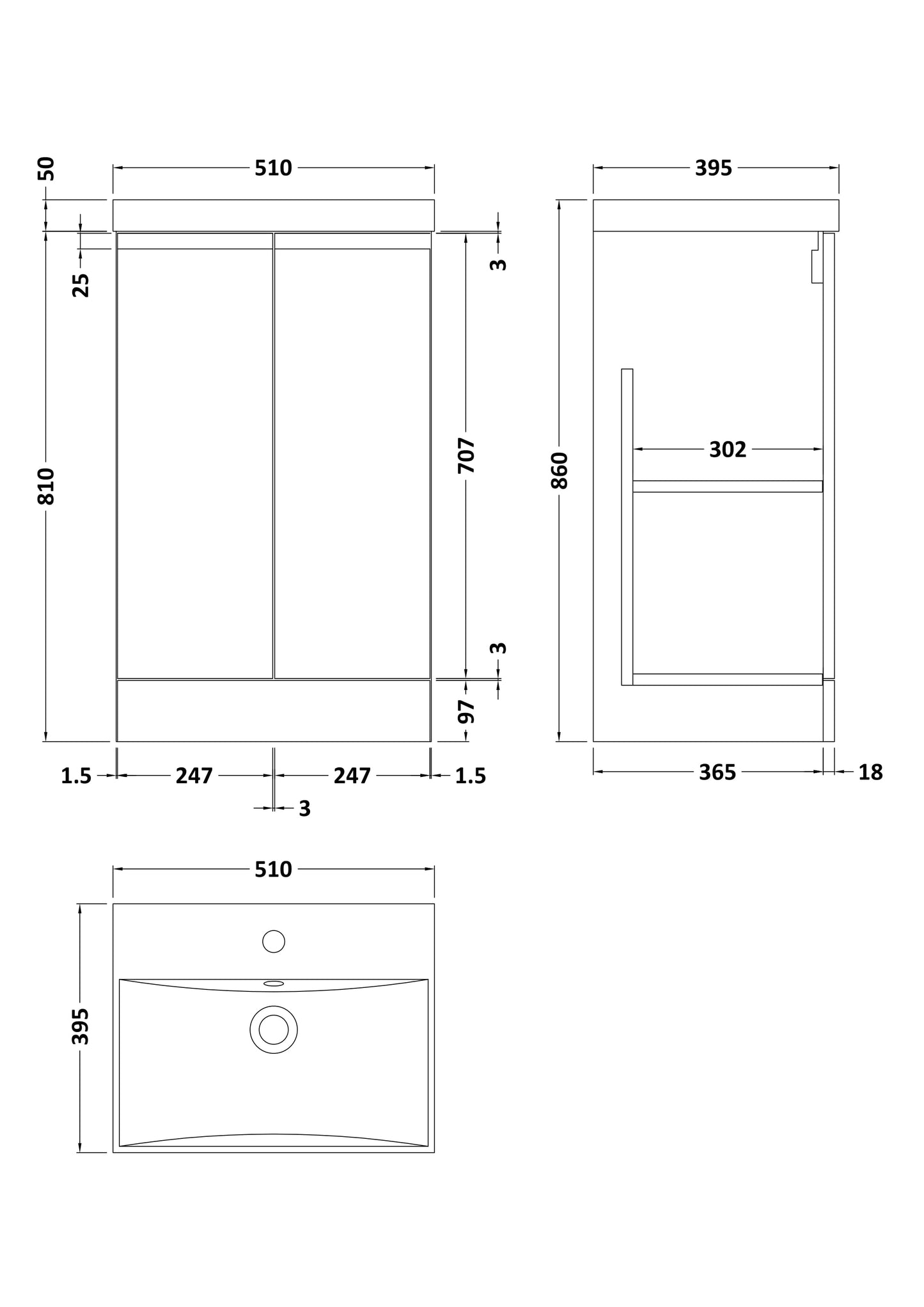Hudson Reed Urban 500mm Satin White Floor Standing 2 Door Vanity Unit with Thin-Edge Basin