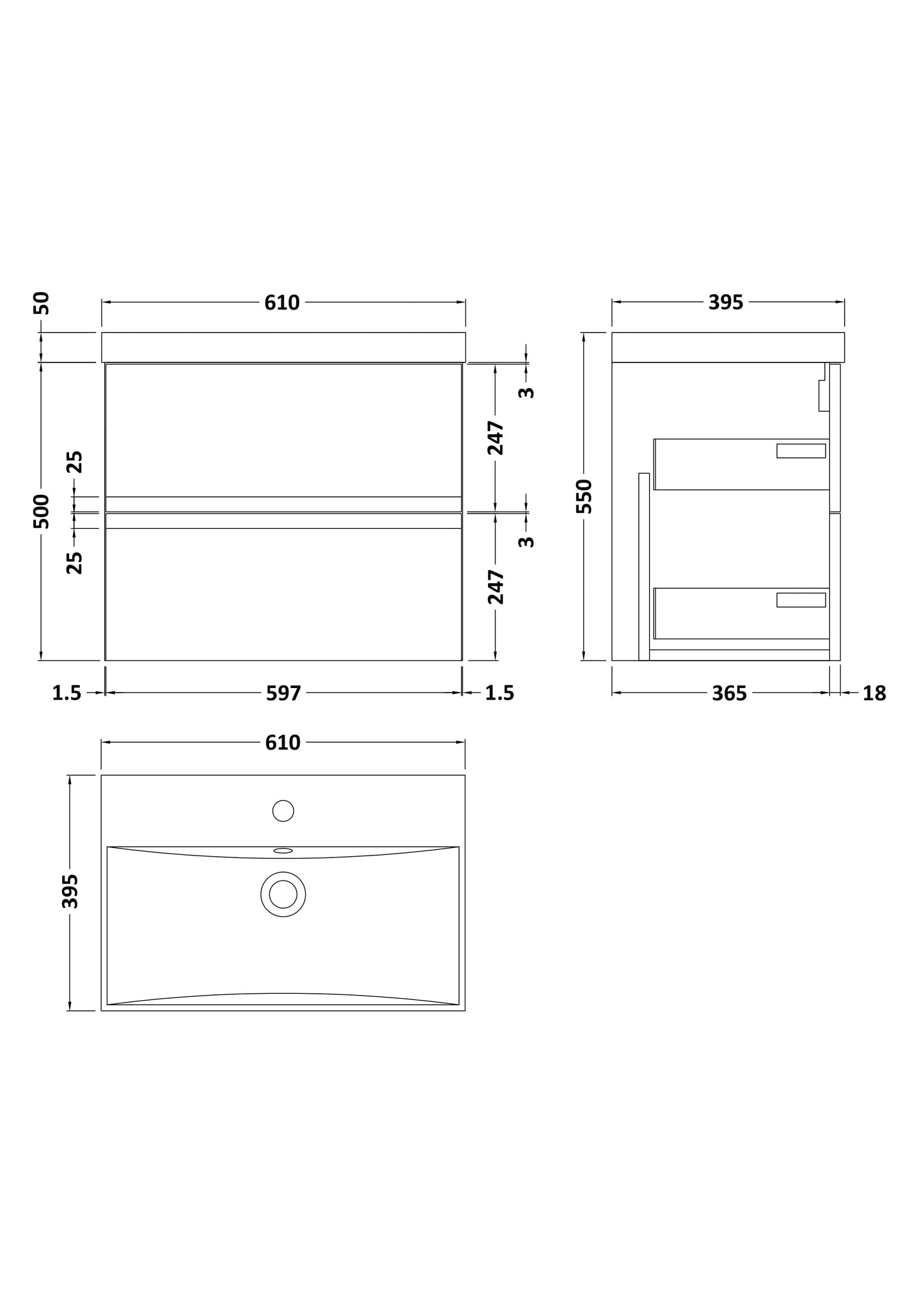 Hudson Reed Urban 600mm Wall Hung 2 Drawer Soft-Close Vanity Unit With Ceramic Basin