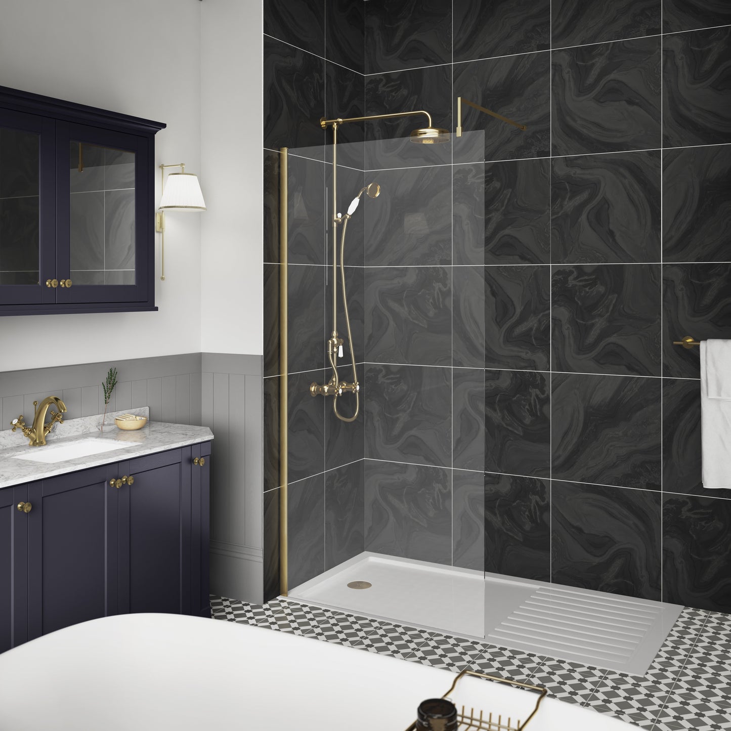 900mm Wetroom Screen With Brass Support Bar